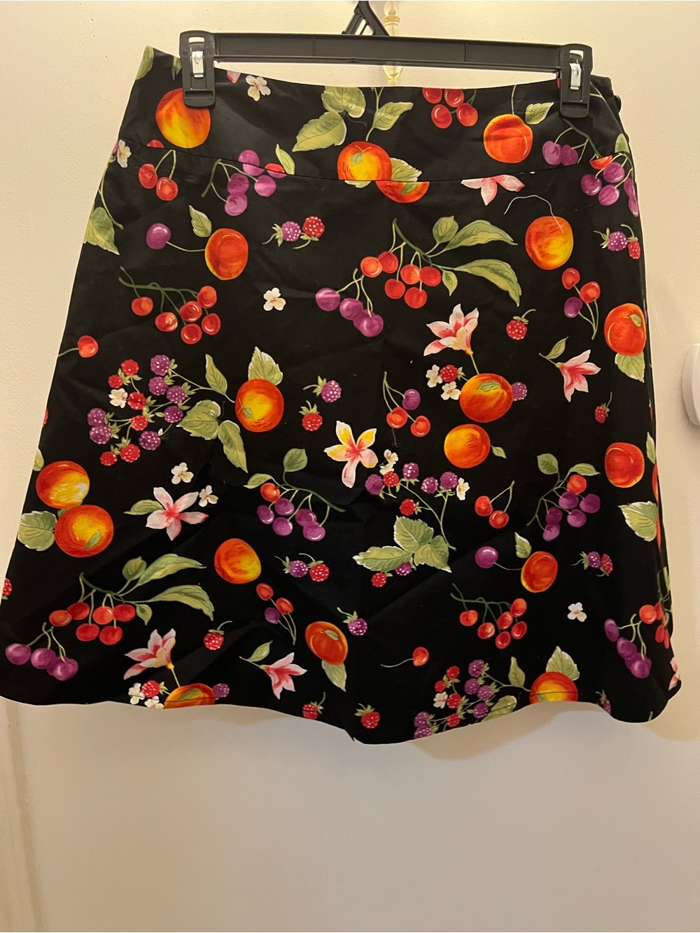 Rafaella Black A-Line Skirt with Orange, Pink & Green Fruit Print
